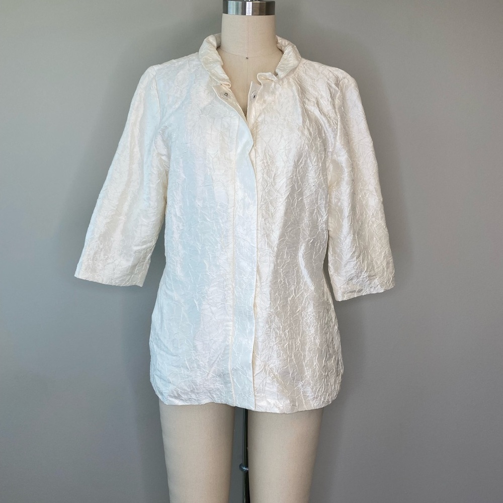 Eileen Fisher Crinkle Ivory Silk Button Down Dressy Blouse
